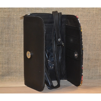 Portfel torebka skórzana czarna z kwiatowym kolorowym haftem .